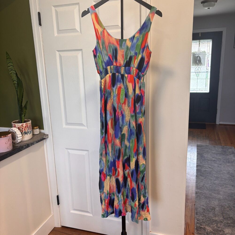 Anthropologie Maeve Silk Aloisia Watercolor Maxi Dress w/ Peekaboo Skirt Size 2P - Picture 4 of 8